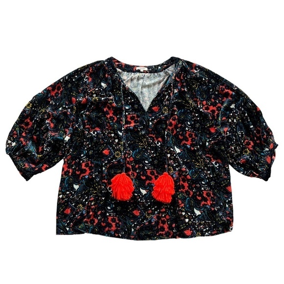 Manoush Velour Velvet Paisley Floral Drawstring Pom Oversized Blouse Size 38 - Picture 1 of 11